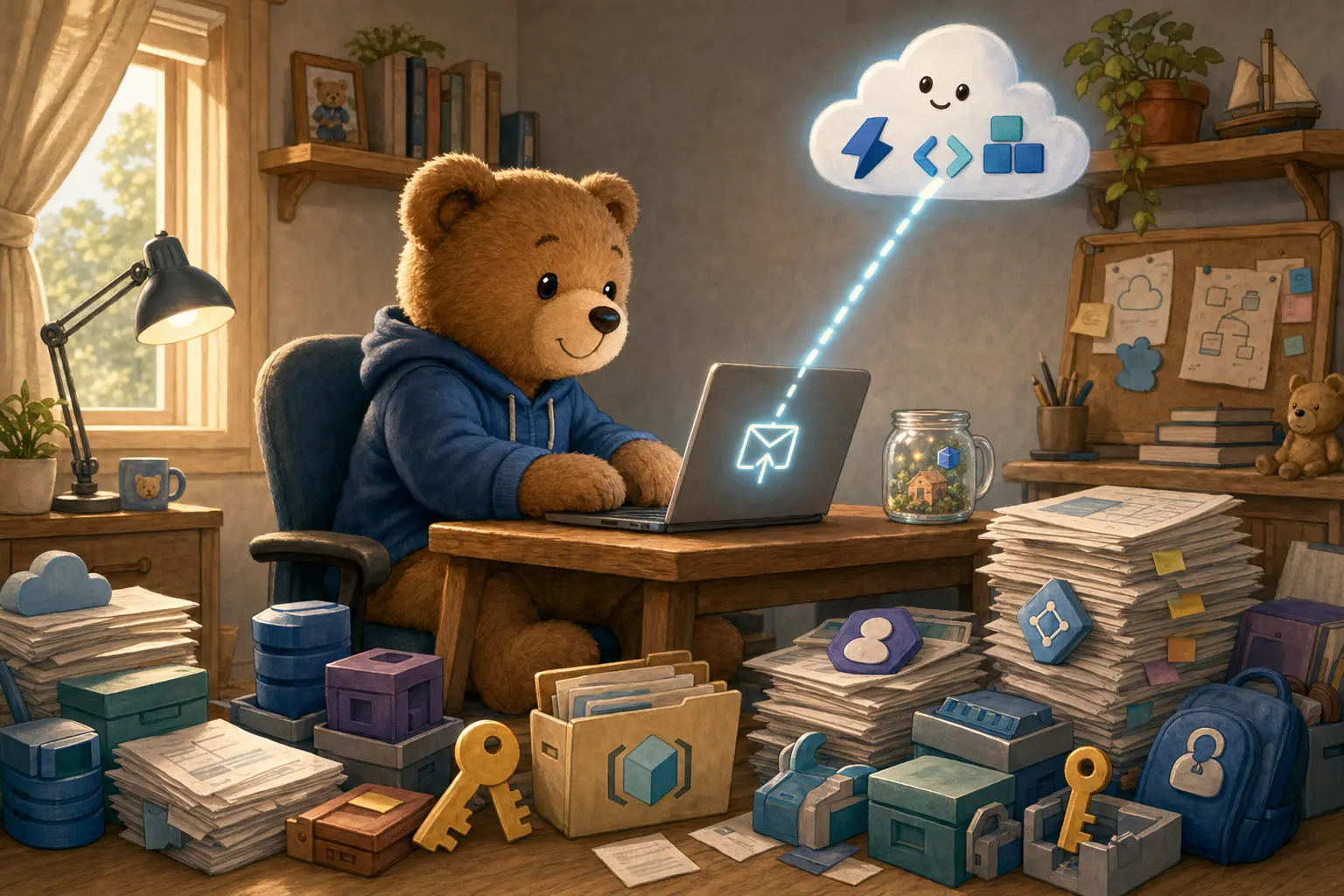 Teddy bear managing a mess of configurations to launch an Azure Function