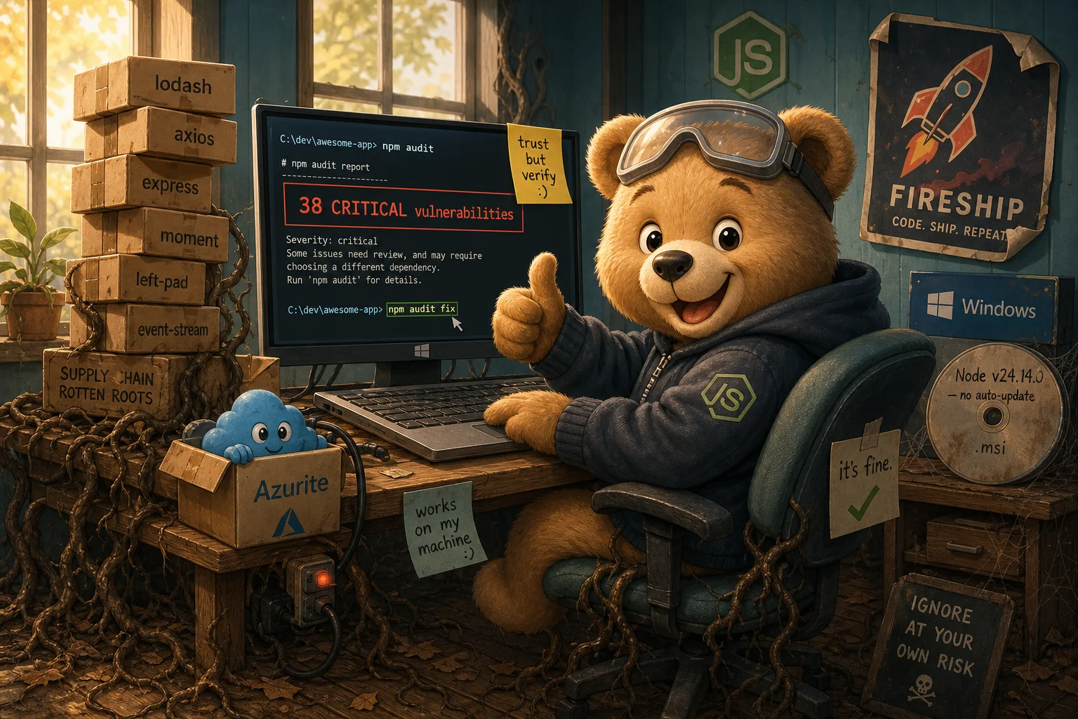 Smiling teddy bear giving a thumbs-up beside an npm audit report showing 38 critical vulnerabilities, with rotten roots creeping up from the floor